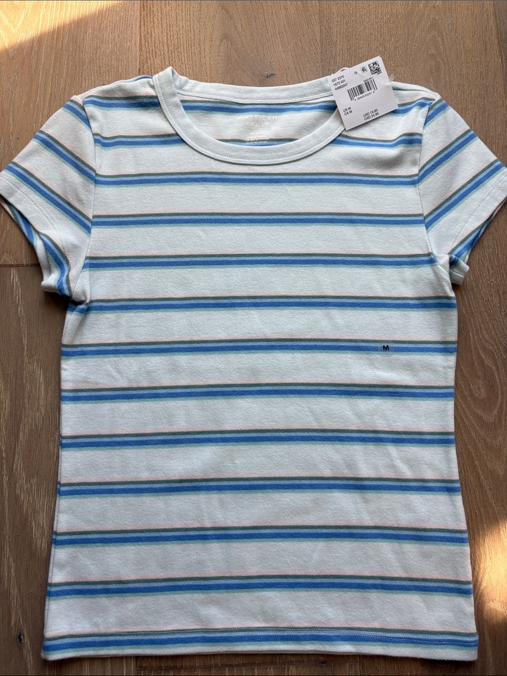 American Eagle Outfitters White Tee with Blue & Gray Stripes